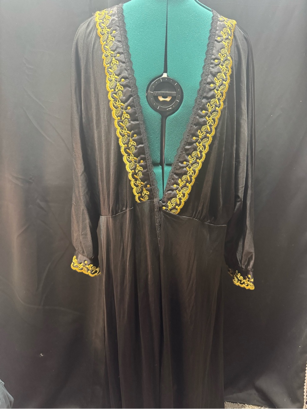 Source Unknown Black Satin Robe with Gold Embroidered Trim